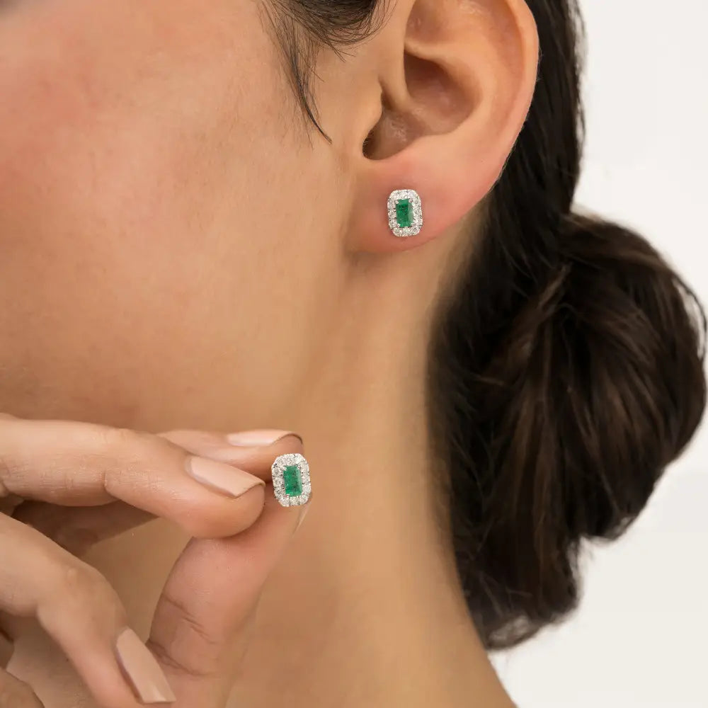 Dainty Small Emerald & Diamond Halo Stud Earrings Handmade 14K Pure White Gold Jewelry