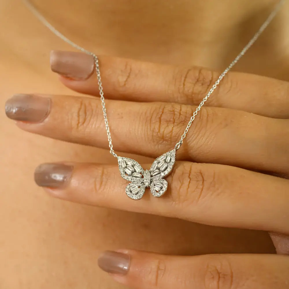 Natural Diamond Real 14K White Gold Butterfly Pendant Necklace Wedding Statement Jewelry