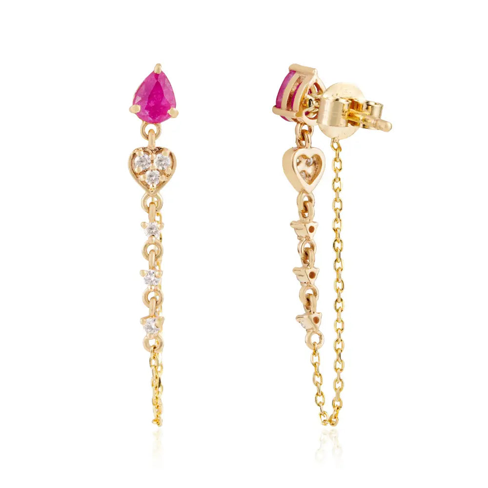 Precious Gemstone Ruby & Diamond Chain Loop Drop Earrings Solid K14 White Gold Jewelry