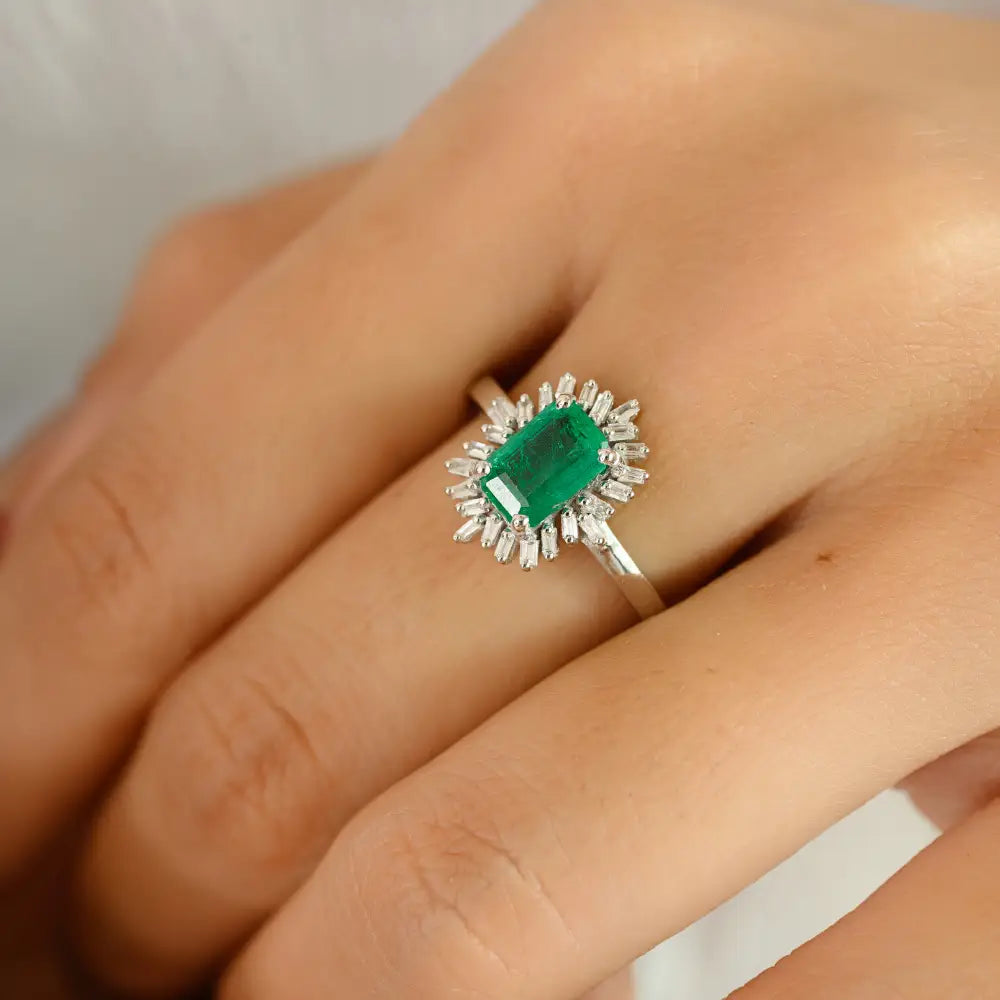 Unique Design Handmade Emerald & Diamond 14K Real White Gold Cluster Ring Fine Jewelry