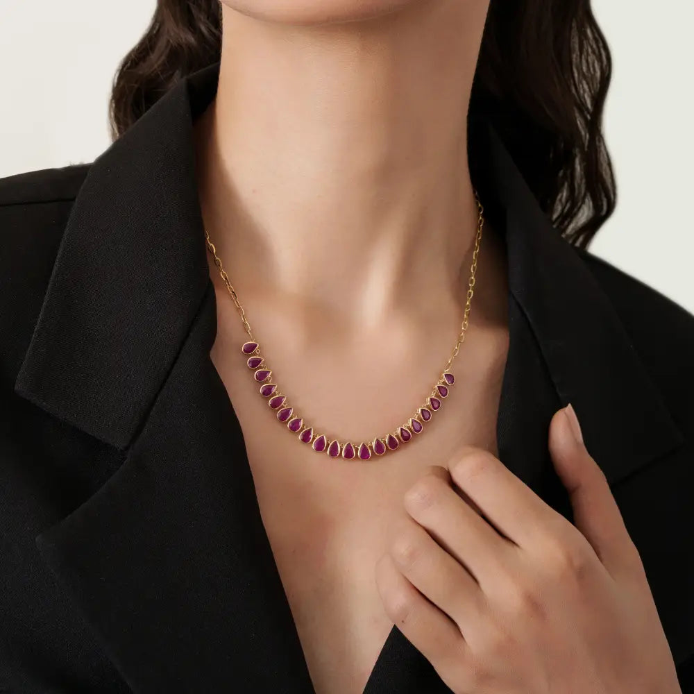 July Birthstone Genuine Ruby Paperclip Chain Half Tennis Necklace 14K Solid Yellow Gold Jewelry