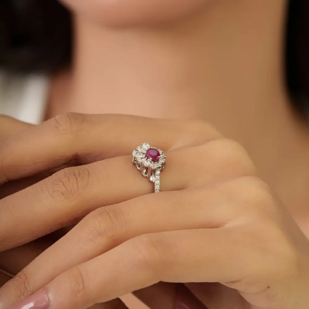 Precious Gemstone Ruby & Diamond Engagement Ring Solid K18 White Gold Wedding Jewelry