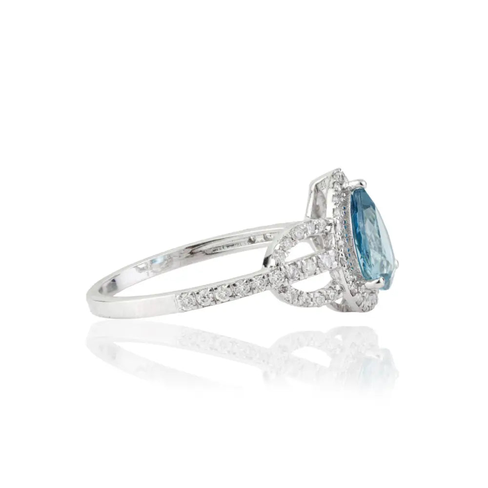 Fine Handmade Aquamarine & Diamond 14K White Gold Statement Ring March Birthstone