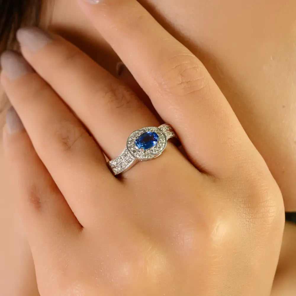 Oval Blue Sapphire & Diamond Double Layer Statement Ring K14 White Gold Fine Jewelry