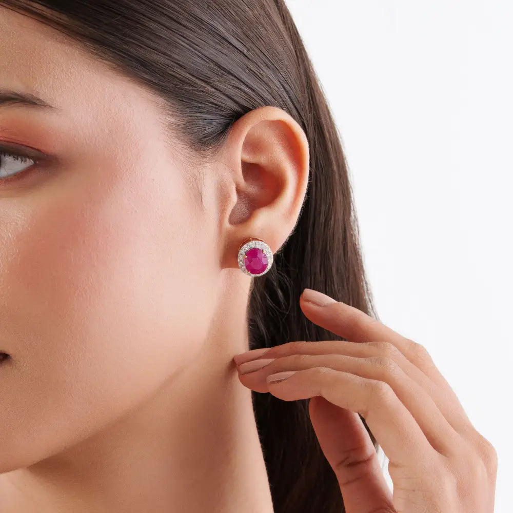 Latest New Arrivals K18 Yellow Gold Ruby & Diamond Halo Statement Stud Earrings For Women's