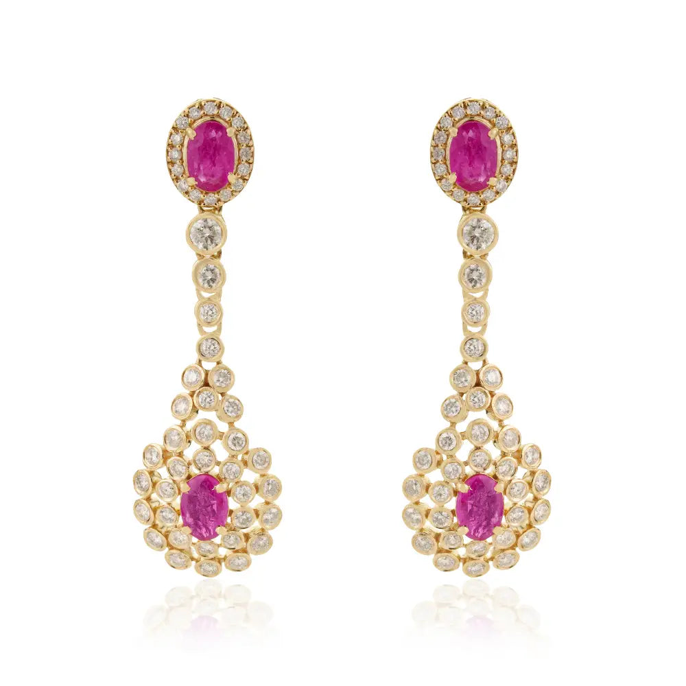 Bold Statement Ruby & Diamond Solid K14 Yellow Gold Dangle Earrings Anniversary Gift