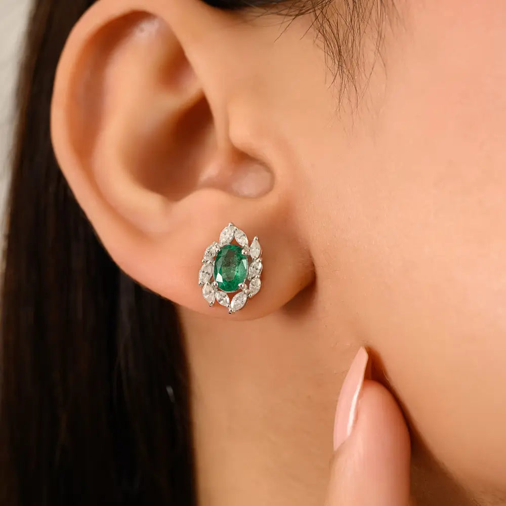 Prong Setting Emerald & Diamond Unique Design Stud Earrings Everyday Jewelry 14K Gold