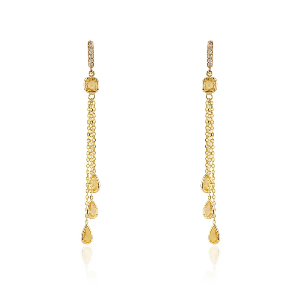 Light Weight 14K Real Gold Yellow Sapphire & Diamond Triple Link Chain Drop Earrings Women's