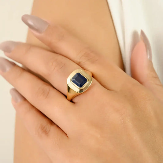 Wholesale Bulk 14K Yellow Gold Jewelry Blue Sapphire Statement Signet Ring Unisex