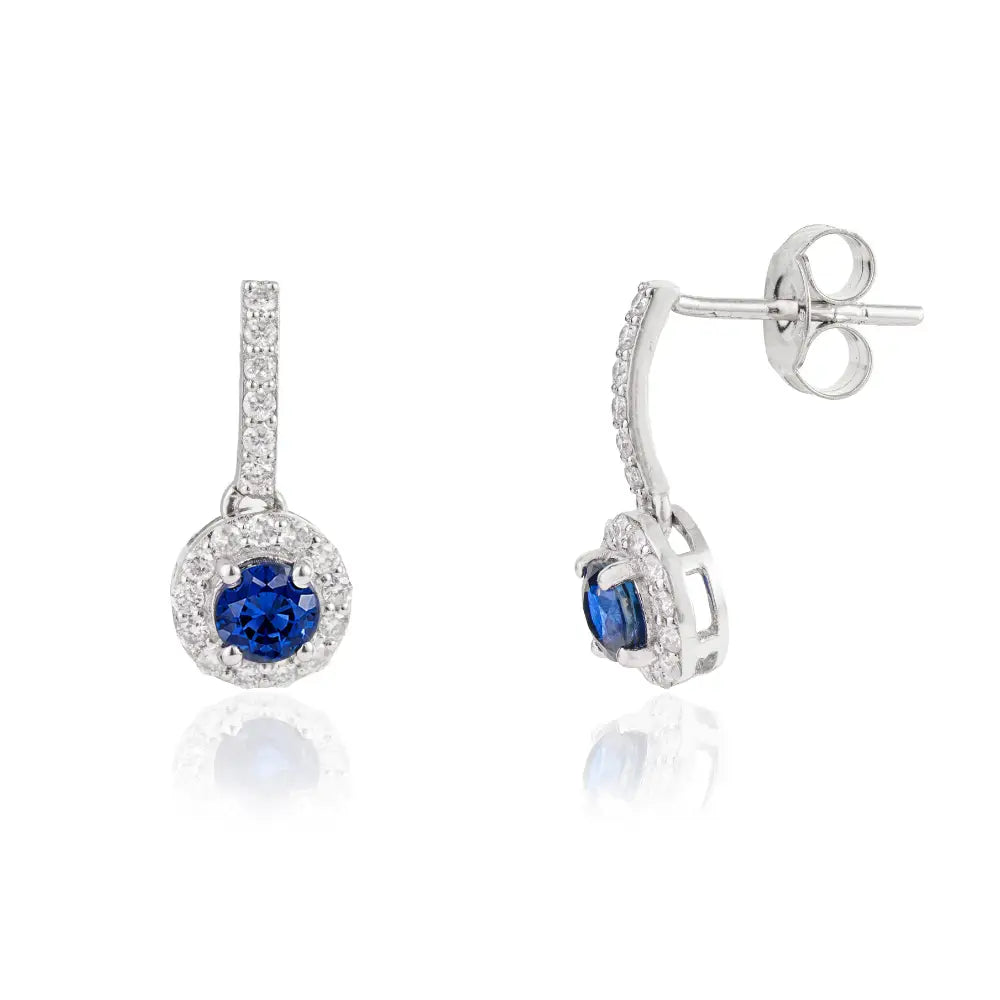 Real 14K White Gold Blue Sapphire & Diamond Minimal Halo Drop Earrings Everyday Wear Jewelry