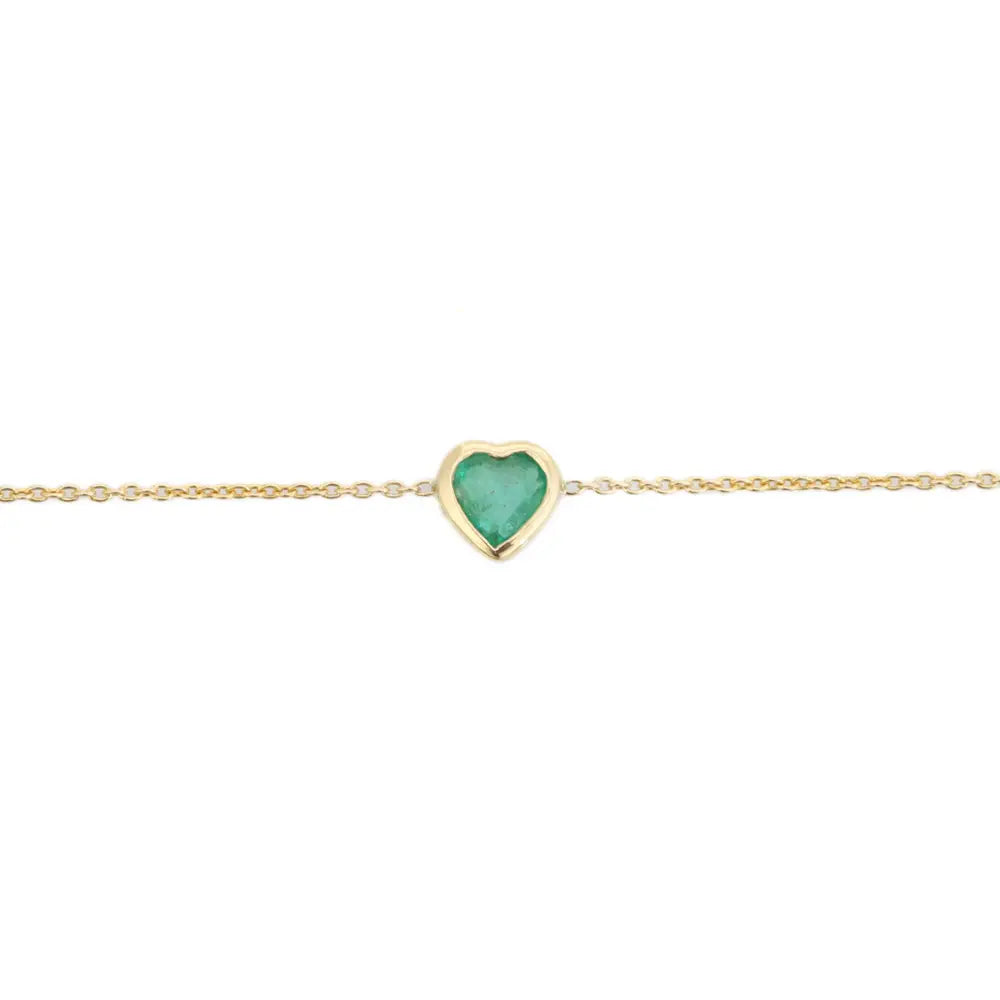 14K Solid Yellow Gold Natural Emerald Heart Shape Spring Lock Chain Bracelet Women Jewelry