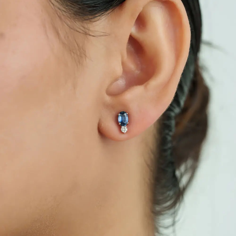Elegant Classic Design Blue Sapphire & Diamond 14K White Gold Minimal Stud Earrings For Girls