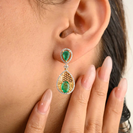 Handmade Jewelry Natural Emerald & Diamond Solid 14K Yellow Gold Drop Earrings