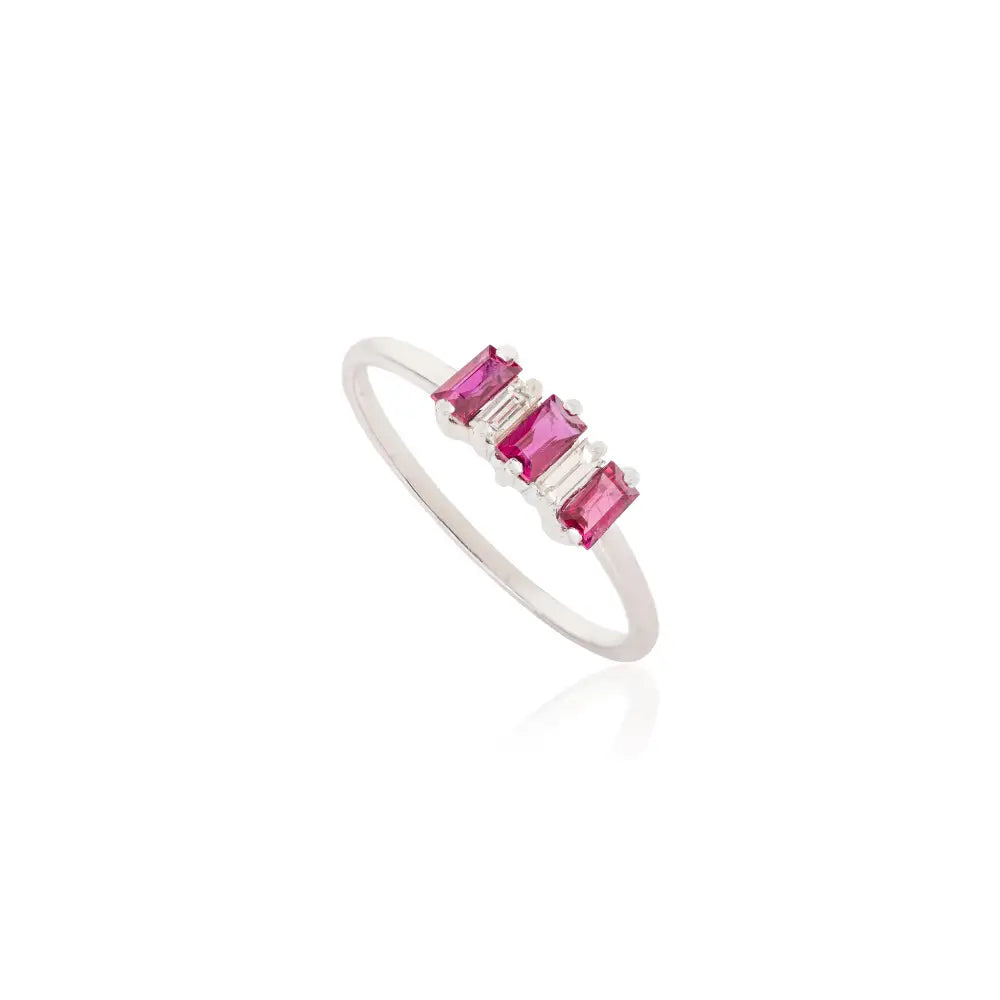 Minimalist Ruby & Diamond Three Stone Ring For Women 14K Pure White Gold Custom Jewelry