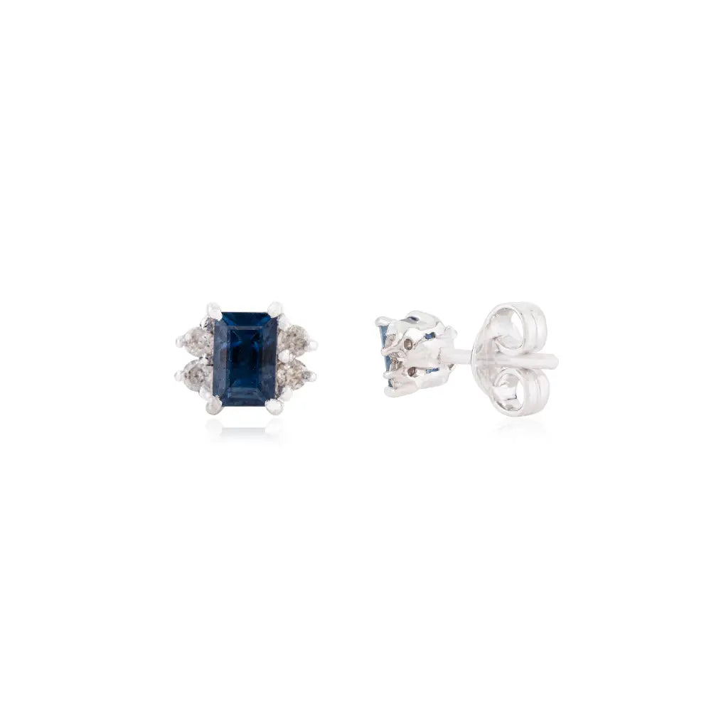 Delicate Blue Sapphire & Diamond 14K White Gold Minimal Stud Earrings Graduation Gift