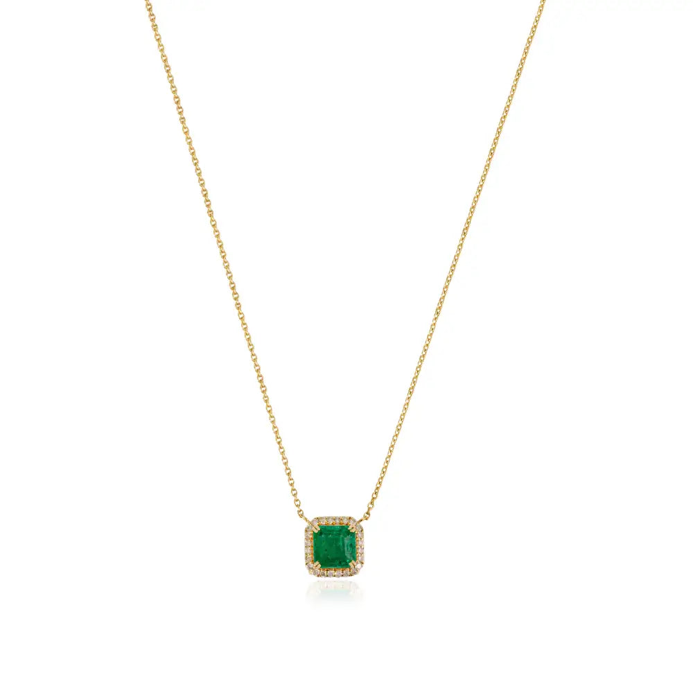 Prong Set Zambian Emerald & Diamond Fine Stacking Halo Pendant Necklace 14K Yellow Gold
