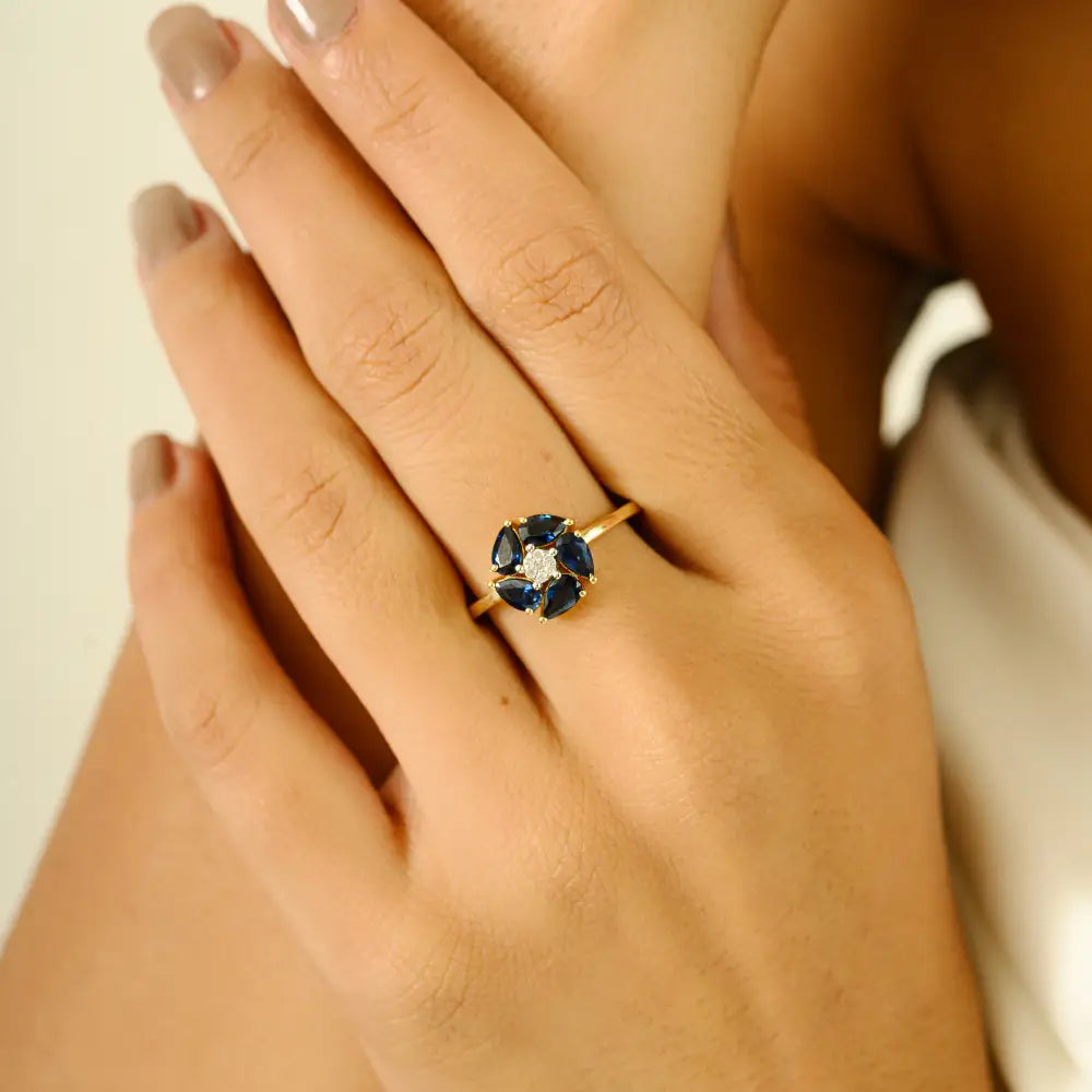 Flower Inspired 14K Yellow Gold Blue Sapphire & Diamond Engagement Gemstone Ring