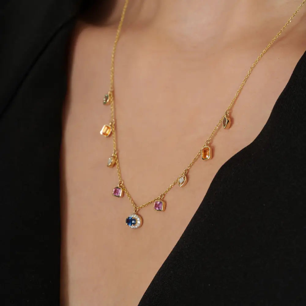Colorful Gemstone Multi Sapphire & Diamond 14K Solid Yellow Gold Charm Chain Necklace