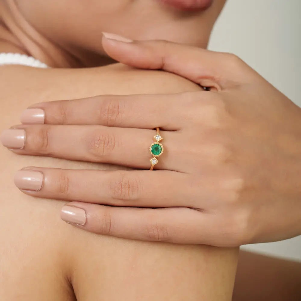 Dainty Emerald & Diamond K14 Pure Yellow Gold Three Stone Ring Stacking Jewelry For Women