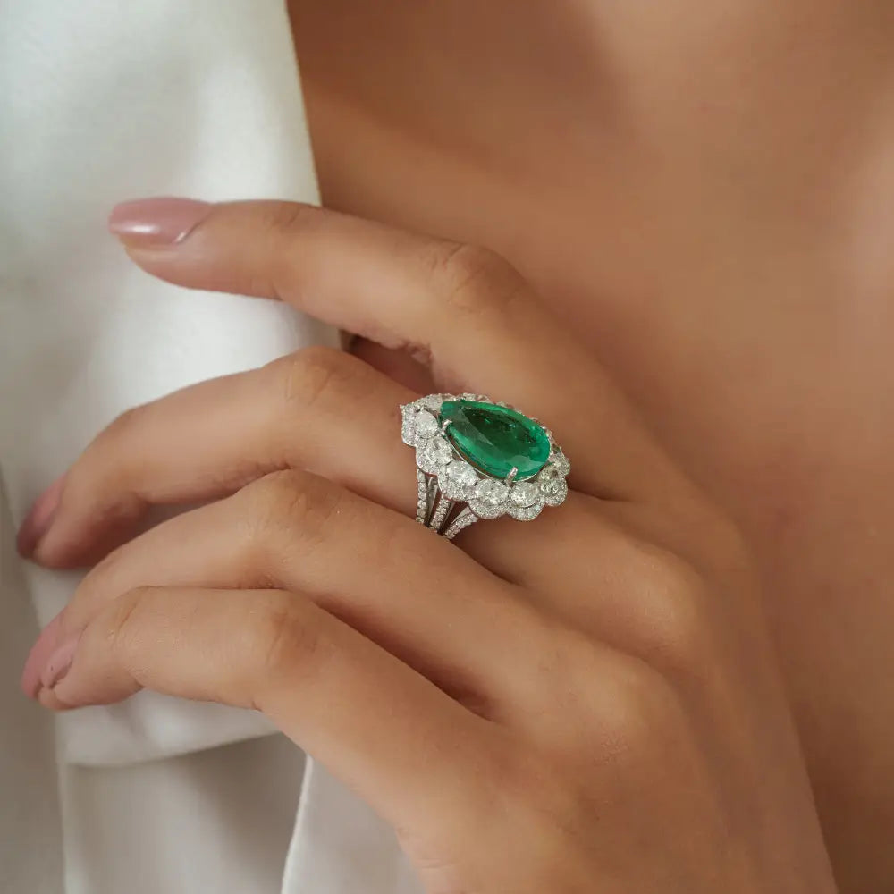 Luxurious 18K White Gold 5 Ct. Zambian Emerald & Diamond Triple Shank Cluster Ring Wedding