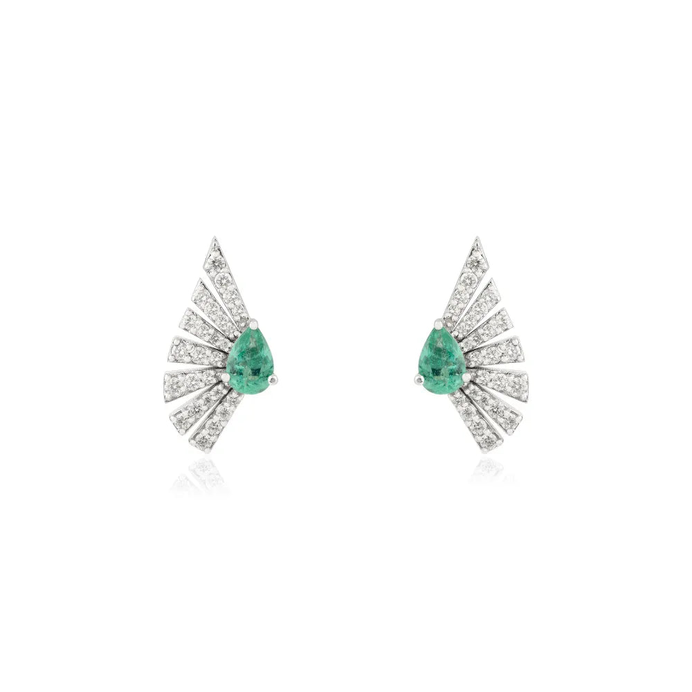 Unique Design Emerald & Diamond 14K White Gold Gemstone Fan Earrings For Women