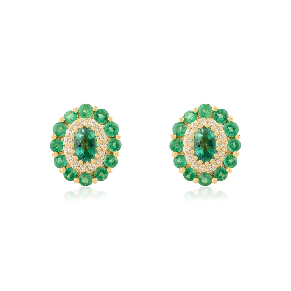 Hot Selling Real K14 Yellow Gold Emerald & Diamond Halo Stud Earrings Custom Gemstone Jewelry