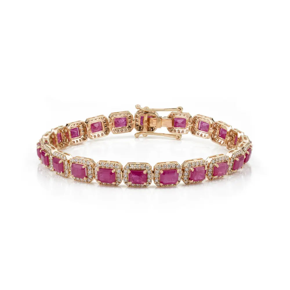 Luxurious Ruby & Diamond Halo Statement Tennis Bracelet 14K Yellow Gold Wedding Jewelry