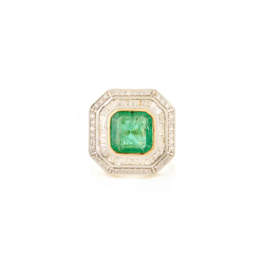 Precious Gemstone Cushion Cut Emerald & Diamond 14K Yellow Gold Bold Wedding Ring