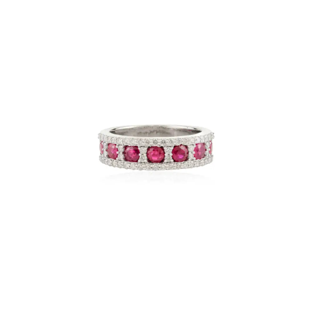 3mm Round Cut Ruby & Diamond Statement Half Eternity Band Ring Pure K14 White Gold Jewelry