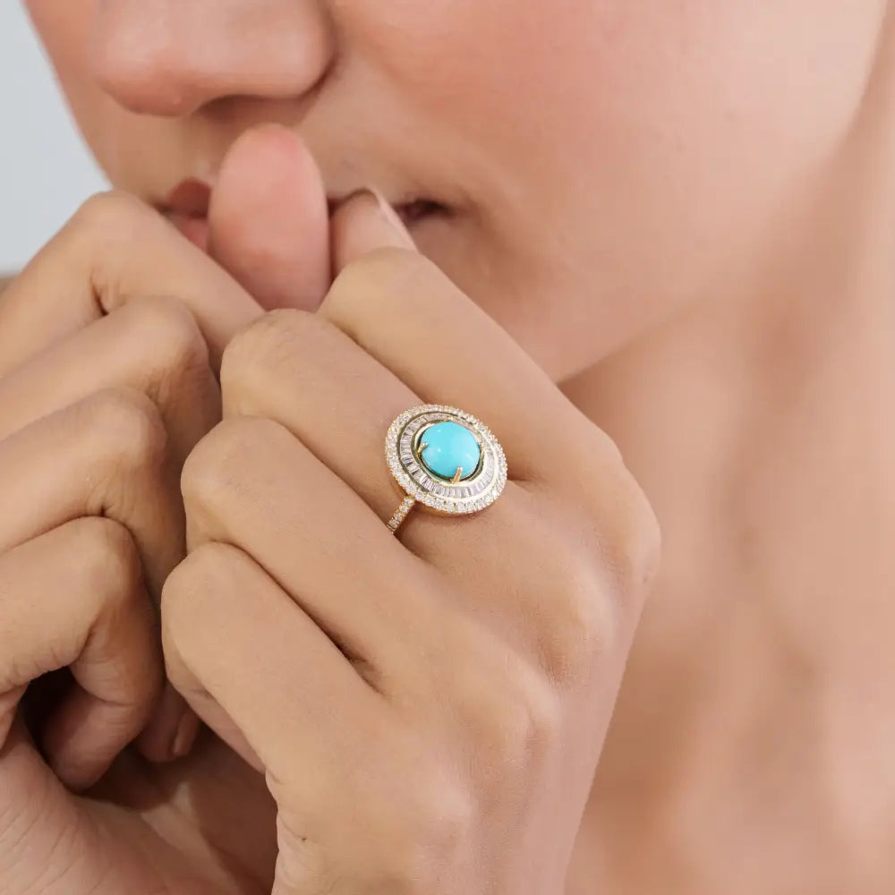 Round Cut Turquoise & Diamond Double Cluster Statement Ring December Birthstone 14K Gold