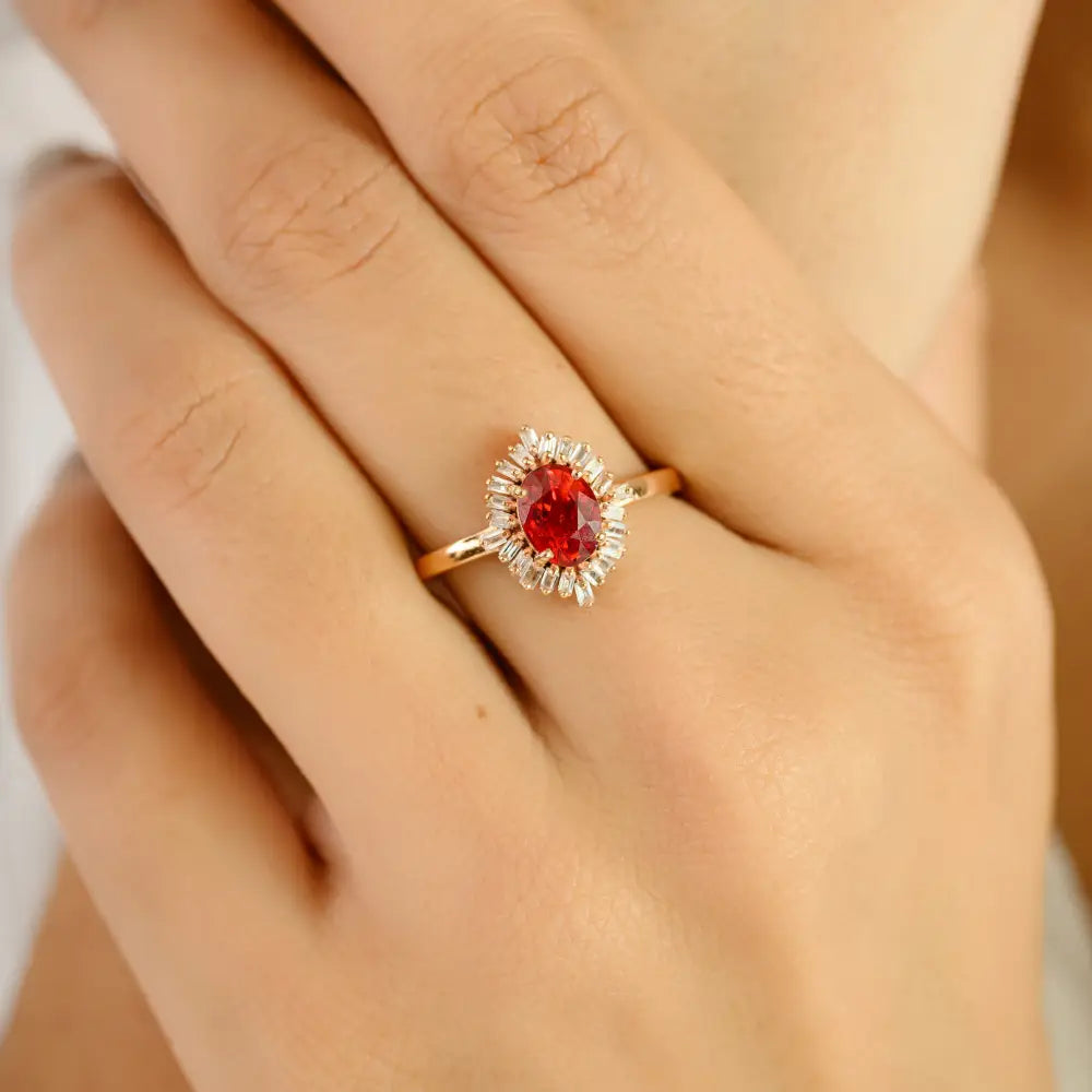 Elegant Design 14K Solid Rose Gold Orange Sapphire & Diamond Cluster Ring Minimal Jewelry