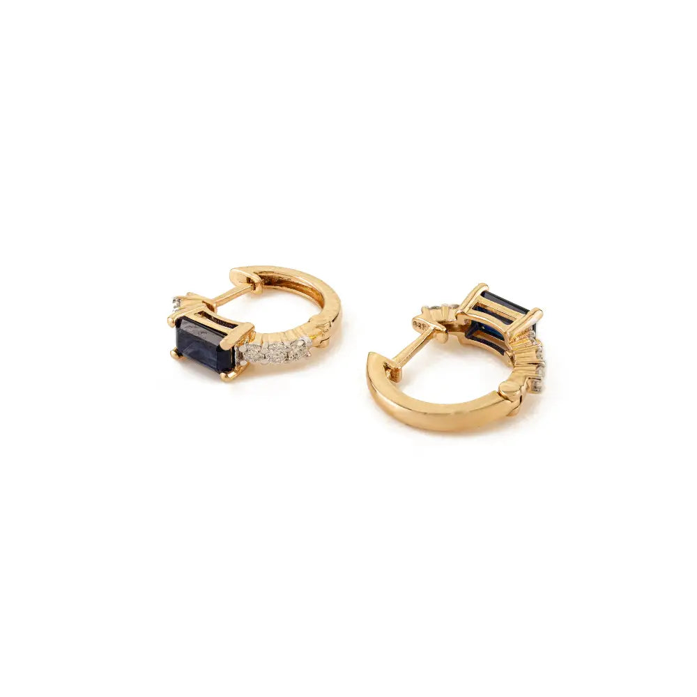 Real K14 Yellow Gold Blue Sapphire & Diamond Minimal Hoop Earrings Handmade Jewelry