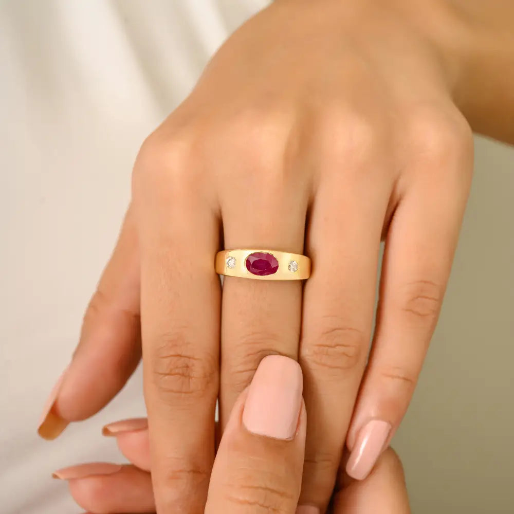 Gypsy Set Ruby Gemstone & Diamond Chunky Signet Ring Gift For Women 14K Yellow Gold
