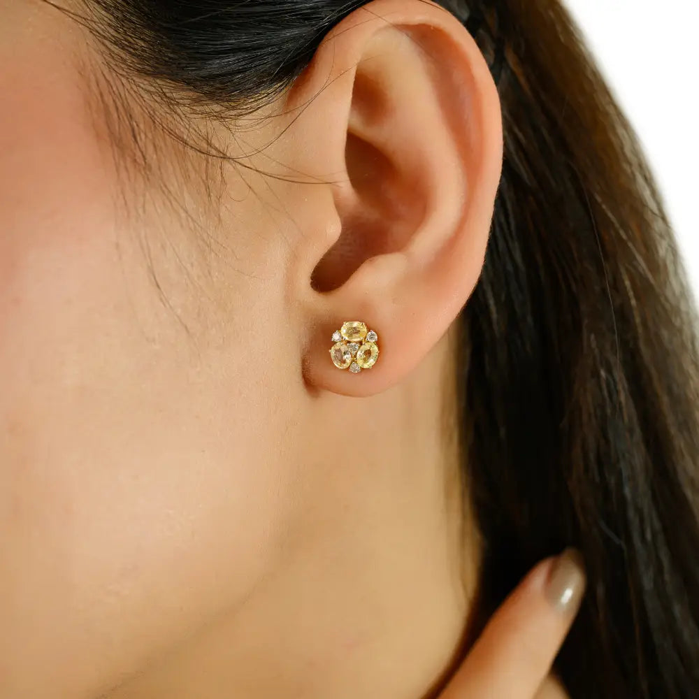 Minimal Simple Design 14K Solid Gold Yellow Sapphire & Diamond Three Stone Stud Earrings