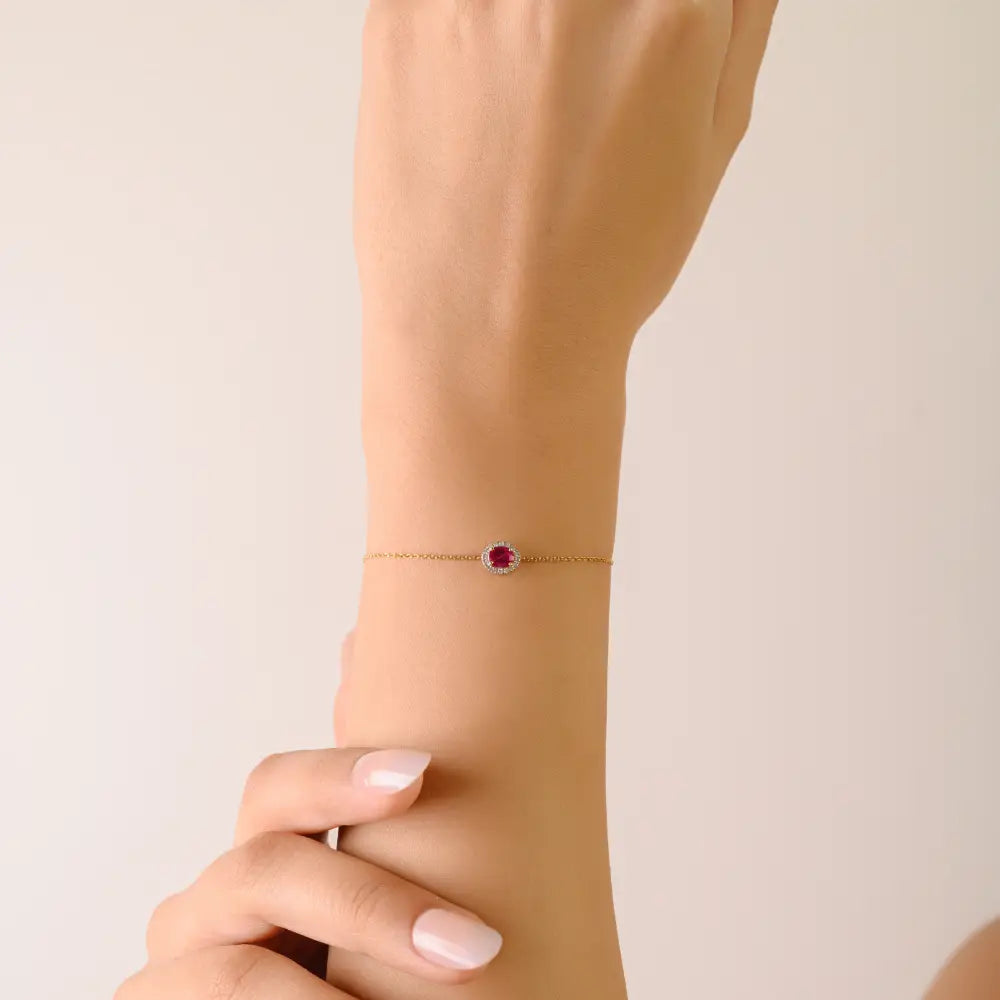 Stunning Precious Gemstone Ruby & Diamond 14K Yellow Gold Solitaire Halo Bracelet Women