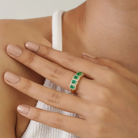 Natural Zambian Emerald & Diamond 14K Real Yellow Gold Halo Half Eternity Band Ring