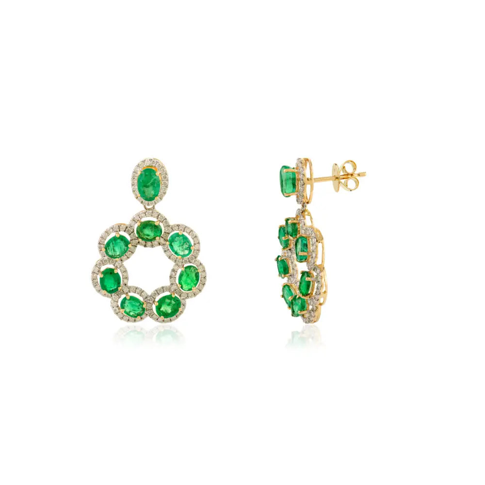 Floral Inspired Zambian Emerald & Diamond Statement Drop Earrings 18K Yellow Gold Fine Jewelry