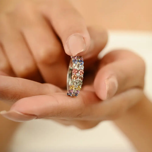Colorful Gemstone Round Cut Multi Sapphire & Diamond 18K White Gold Half Eternity Band Ring