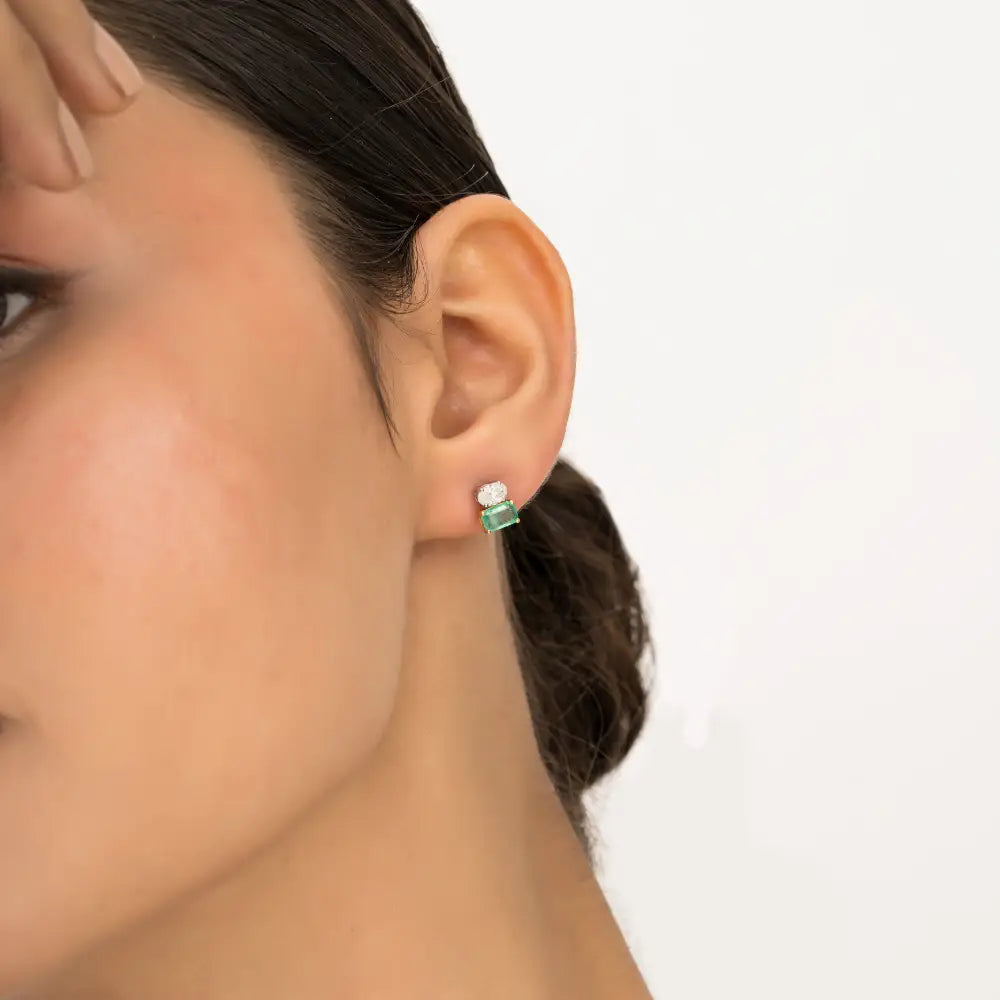 Prong Set Emerald & Diamond Minimal Stud Earrings Handmade 18K Two Tone Gold Jewelry