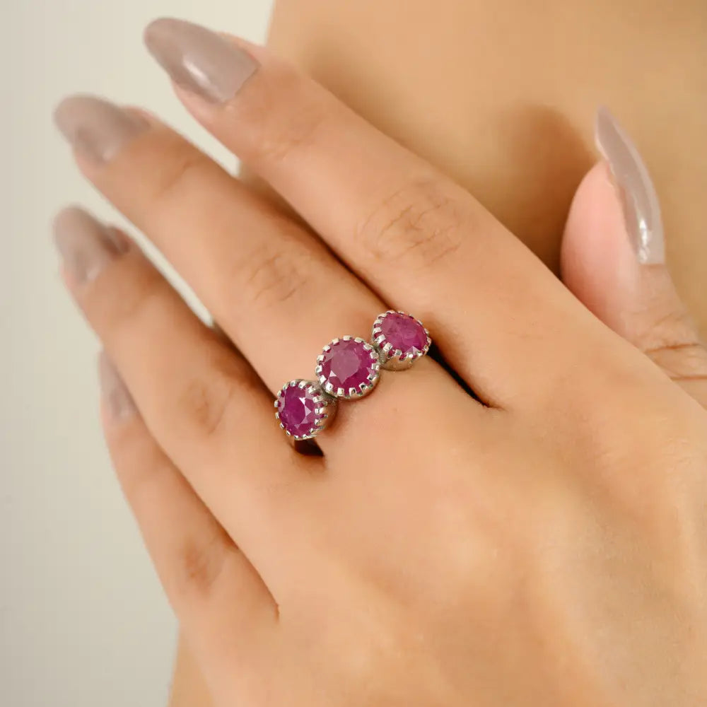 Precious Gemstone Round Cut Ruby Three Stone Ring Fine Pure K14 Gold Gift For Women Jewelry
