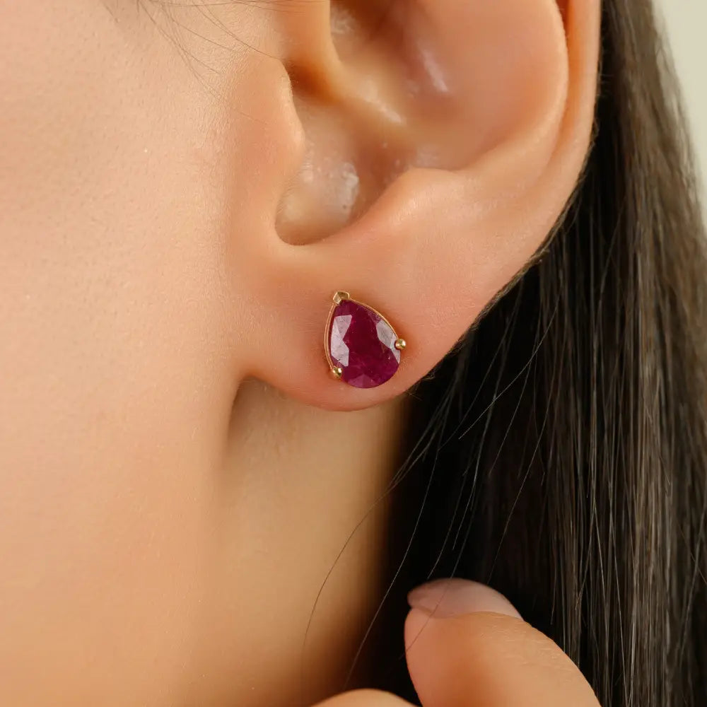 Pear Shape Ruby Single Stone Stud Earrings 14K Yellow Gold Valentine's Day Gift Jewelry