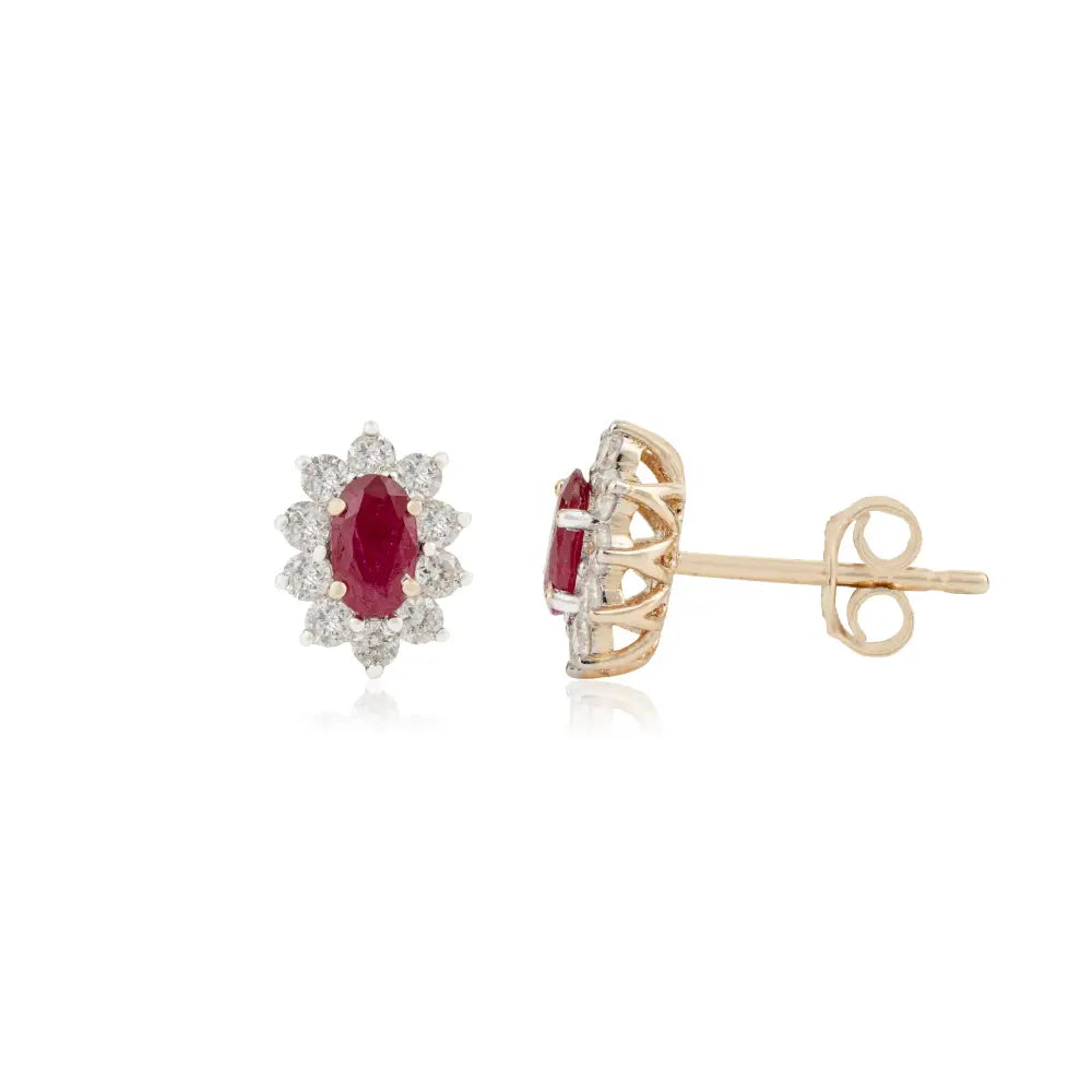 Minimal Real Ruby & Diamond 14K Yellow Gold Cluster Stud Earrings Daily Wear Jewelry