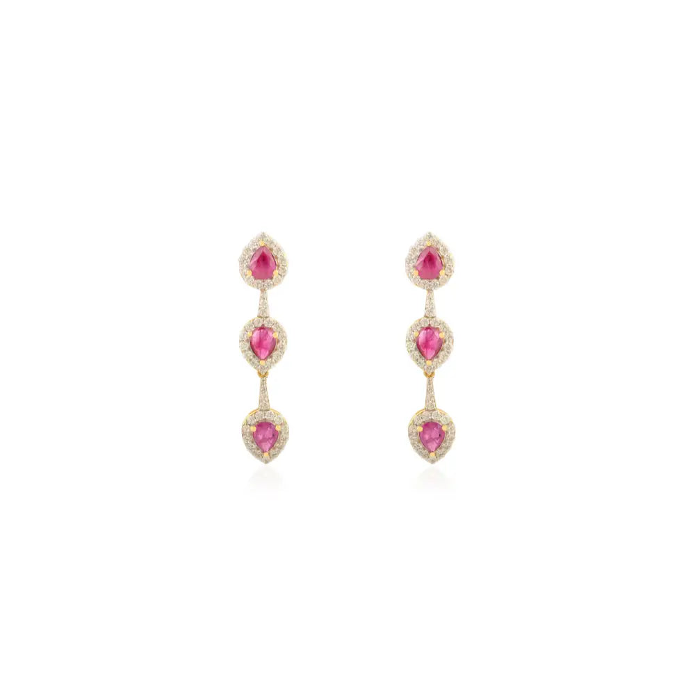 Solid 14K Yellow Gold Ruby & Diamond Dangle Earrings Wedding Jewelry For Women