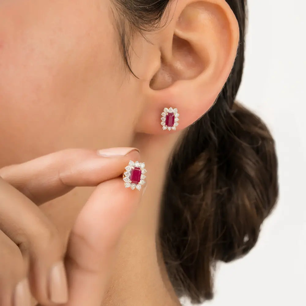July Birthstone Ruby & Diamond Fine 14K Yellow Gold Small Cluster Stud Earrings Gift For Her