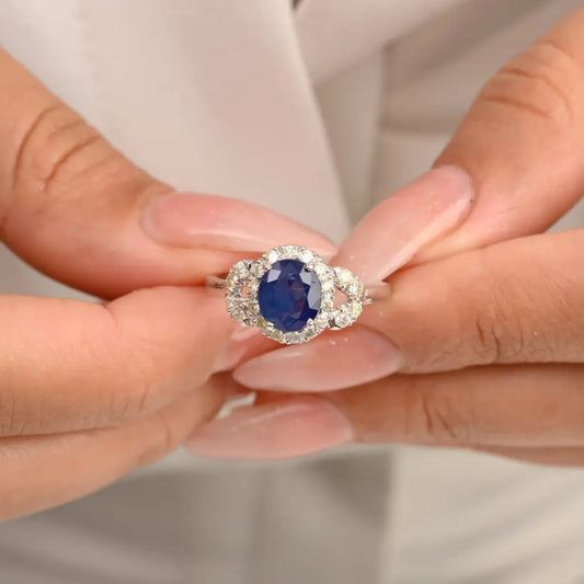 Birthstone Jewelry 14K Solid White Gold Blue Sapphire & Diamond Designer Ring