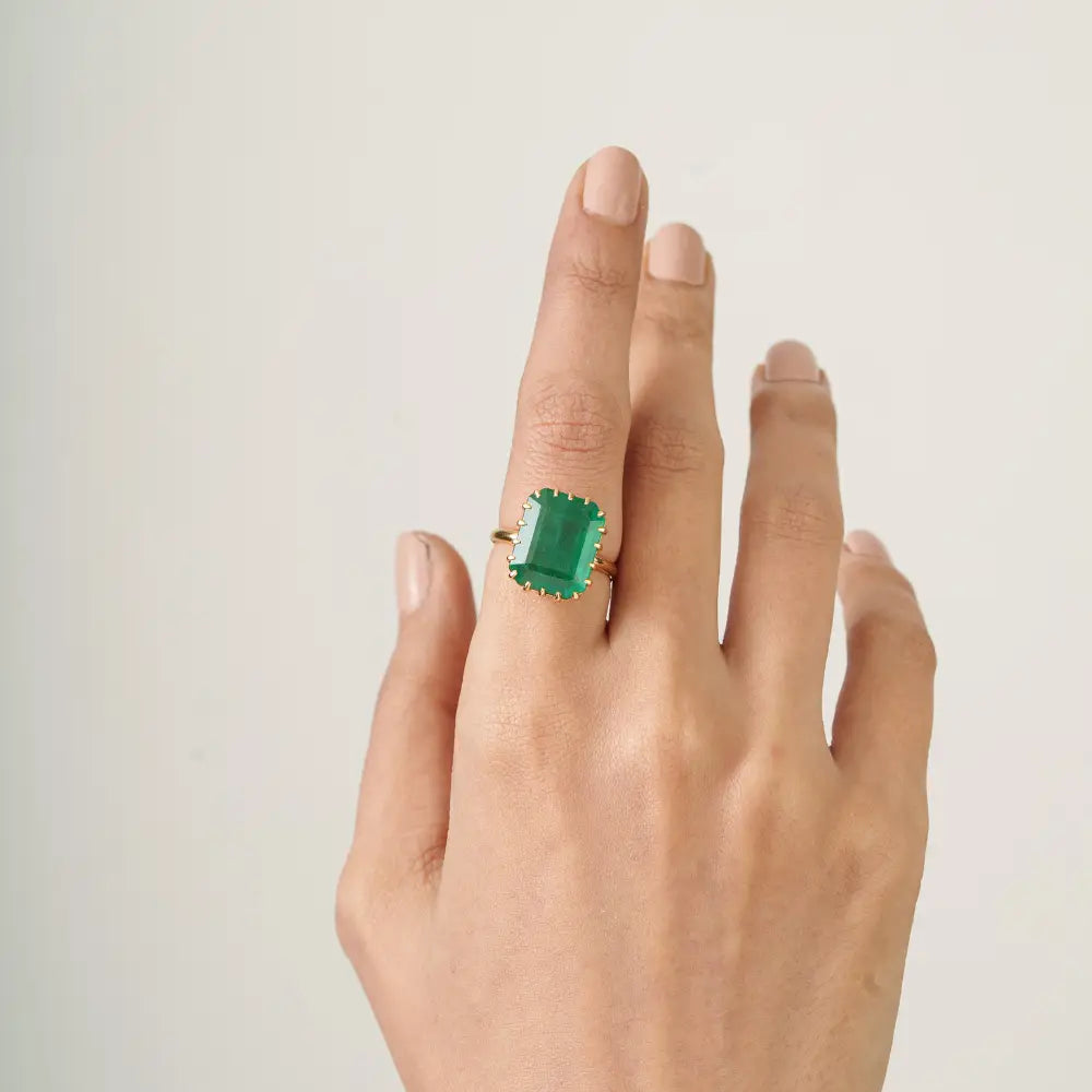 18K Solid Yellow Gold Zambian Emerald Big Gemstone Solitaire Ring Bold Statement Jewelry