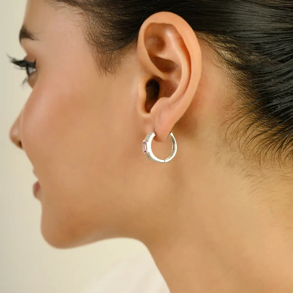 Pink Sapphire & Diamond Russian Lock Trending Hoop Earrings 14K White Gold Fine Jewelry