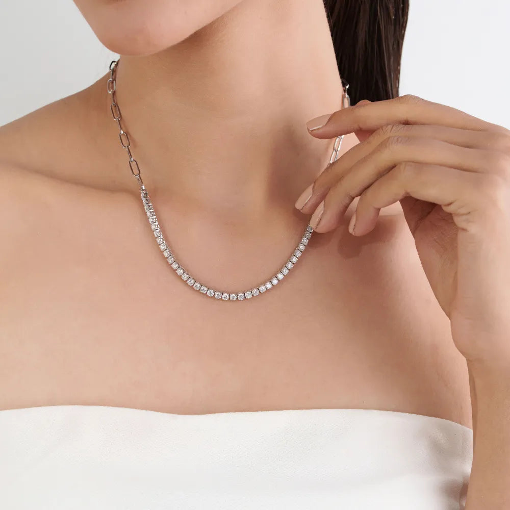 3mm Round Cut Diamond Real K14 White Gold Paperclip Chain Half Tennis Necklace Sparkle Bulk Jewelry