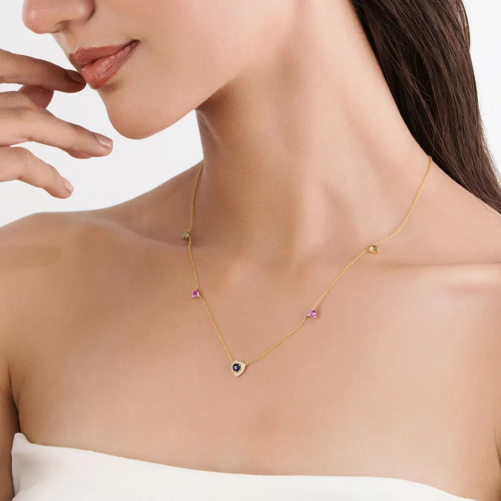 Heart Shape Multi Sapphire & Diamond Elegant Charm Necklace Real K14 Yellow Gold Customized Jewelry