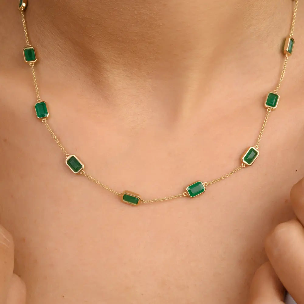 Birthstone Jewelry 14K Yellow Gold Natural Emerald Station Chain Necklace